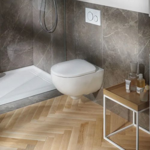Geberit Selnova Premium wall-hung WC set, washdown, shrouded, Rimfree, with WC seat