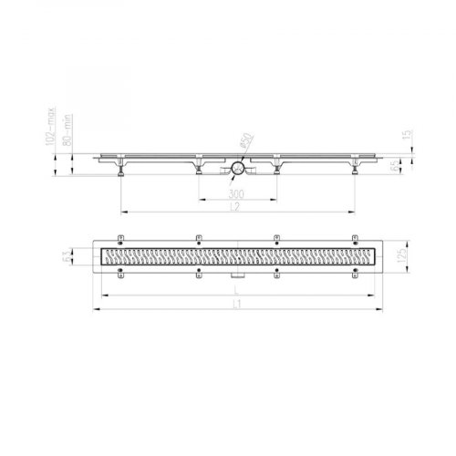 Chudej Linear floor drain SS frame bottom outlet D50, 650mm, drops grid matt, no Siphon MCH650D